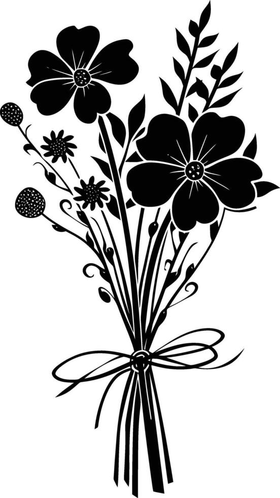 AI generated Silhouette spring flower bouquet tied with ribbon black color only vector