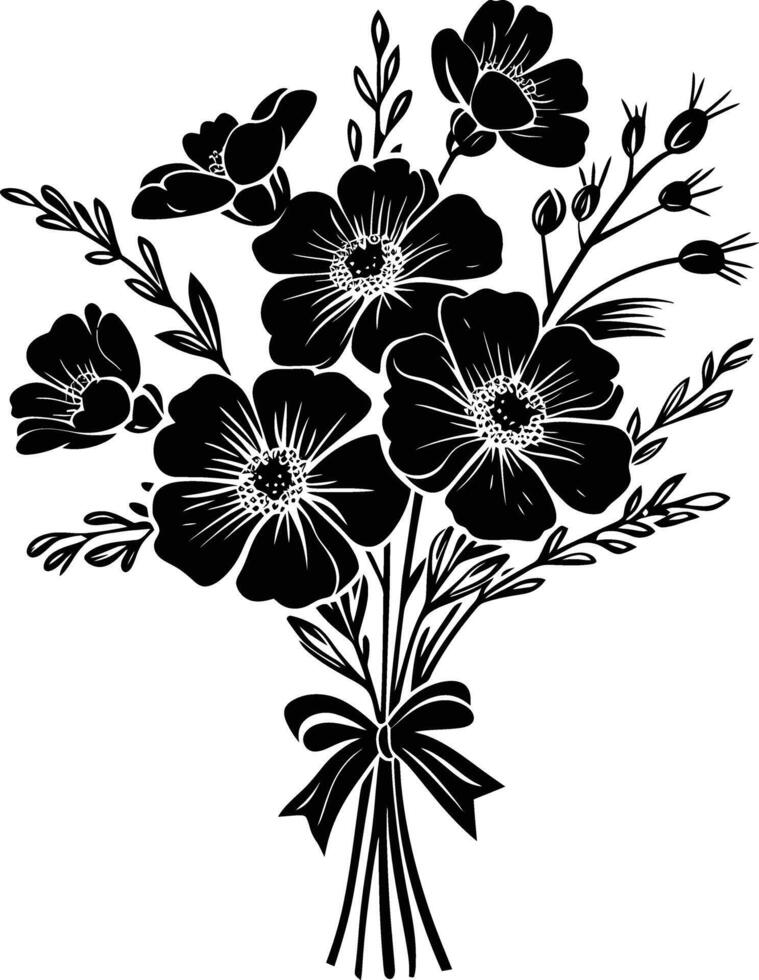 AI generated Silhouette spring flower bouquet tied with ribbon black color only vector