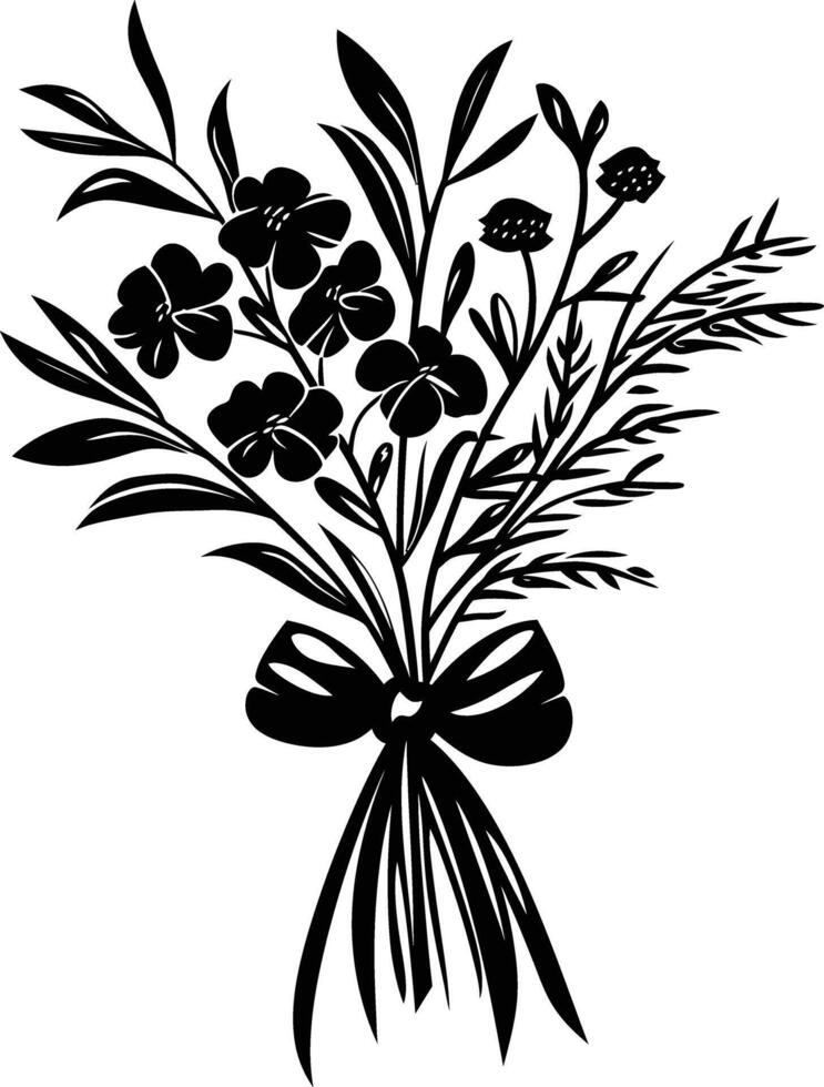 AI generated Silhouette spring flower bouquet tied with ribbon black color only vector