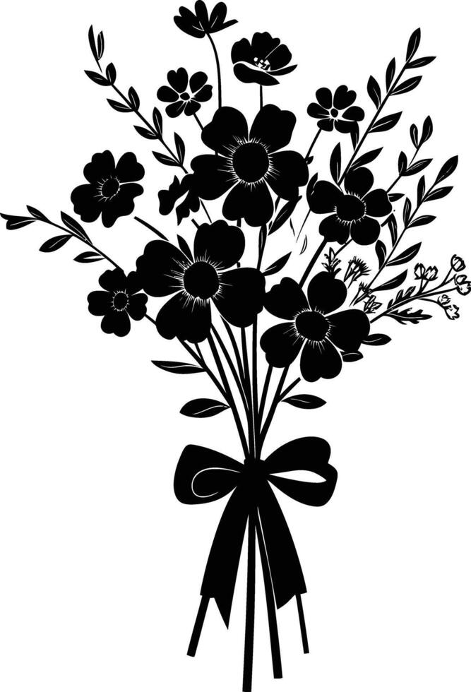 AI generated Silhouette spring flower bouquet tied with ribbon black color only vector