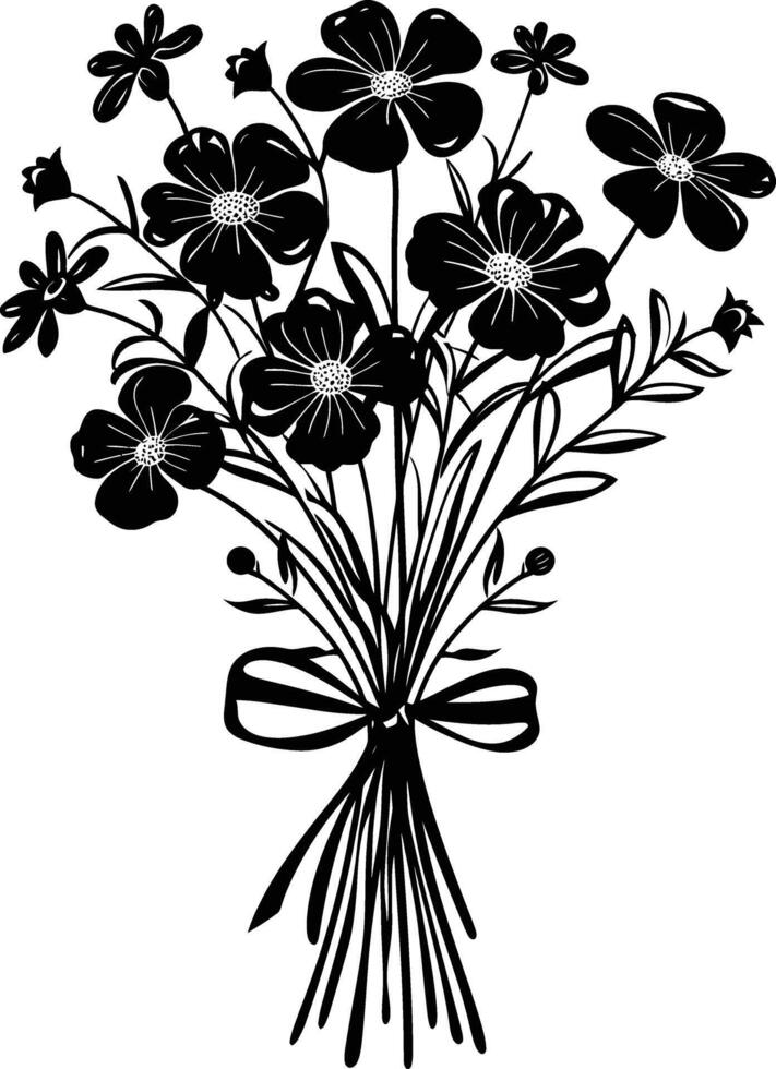 AI generated Silhouette spring flower bouquet tied with ribbon black color only vector