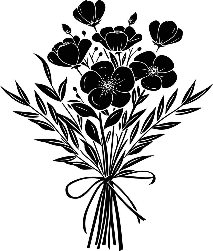 AI generated Silhouette spring flower bouquet tied with ribbon black color only vector