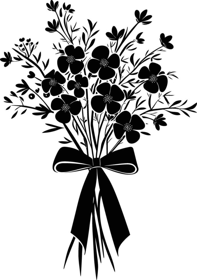 AI generated Silhouette spring flower bouquet tied with ribbon black color only vector