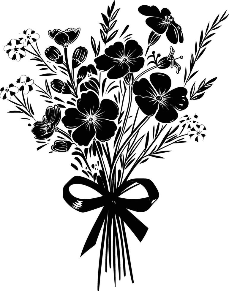 ai generado silueta primavera flor ramo de flores atado con cinta negro color solamente vector