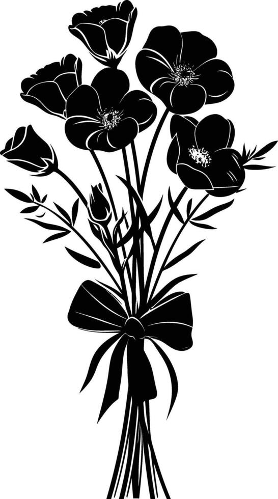 AI generated Silhouette spring flower bouquet tied with ribbon black color only vector