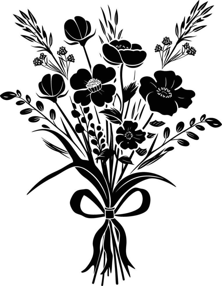 ai generado silueta primavera flor ramo de flores atado con cinta negro color solamente vector