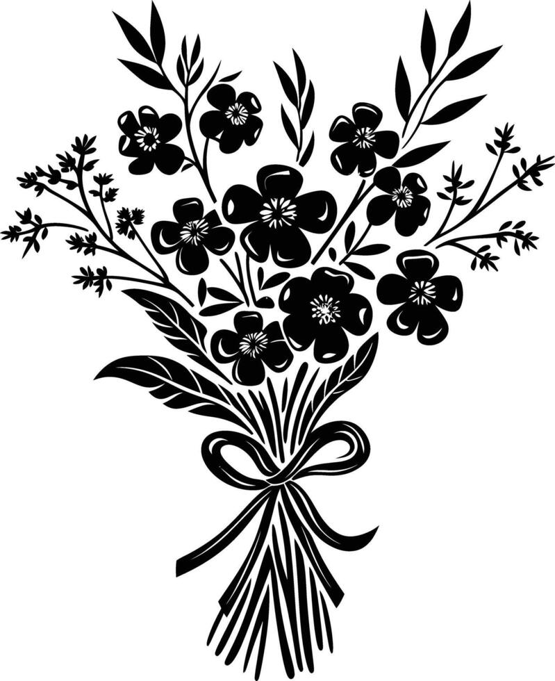 AI generated Silhouette spring flower bouquet tied with ribbon black color only vector