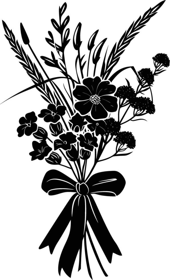 AI generated Silhouette spring flower bouquet tied with ribbon black color only vector