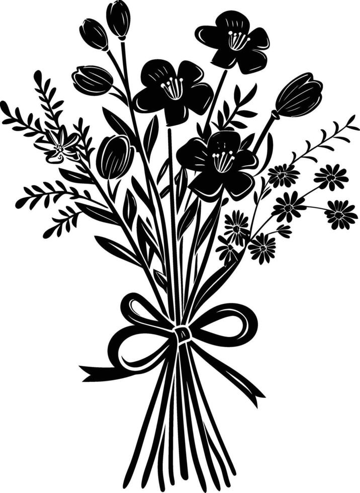 AI generated Silhouette spring flower bouquet tied with ribbon black color only vector