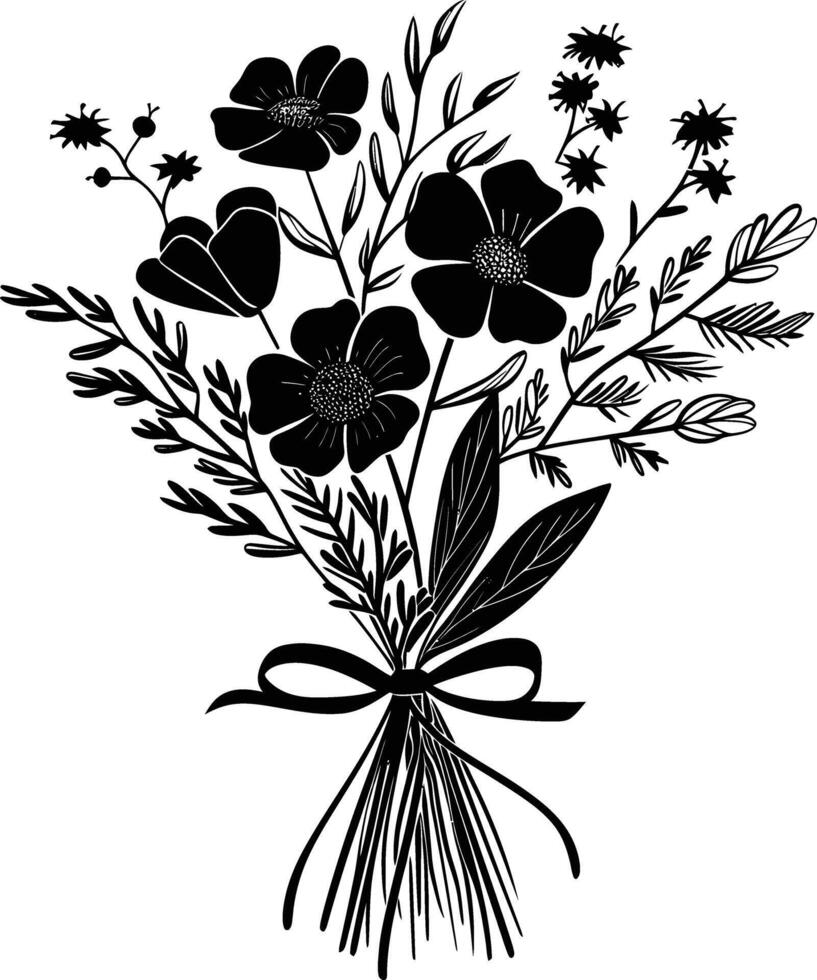 AI generated Silhouette spring flower bouquet tied with ribbon black color only vector