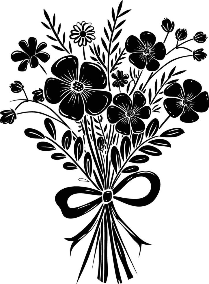 AI generated Silhouette spring flower bouquet tied with ribbon black color only vector