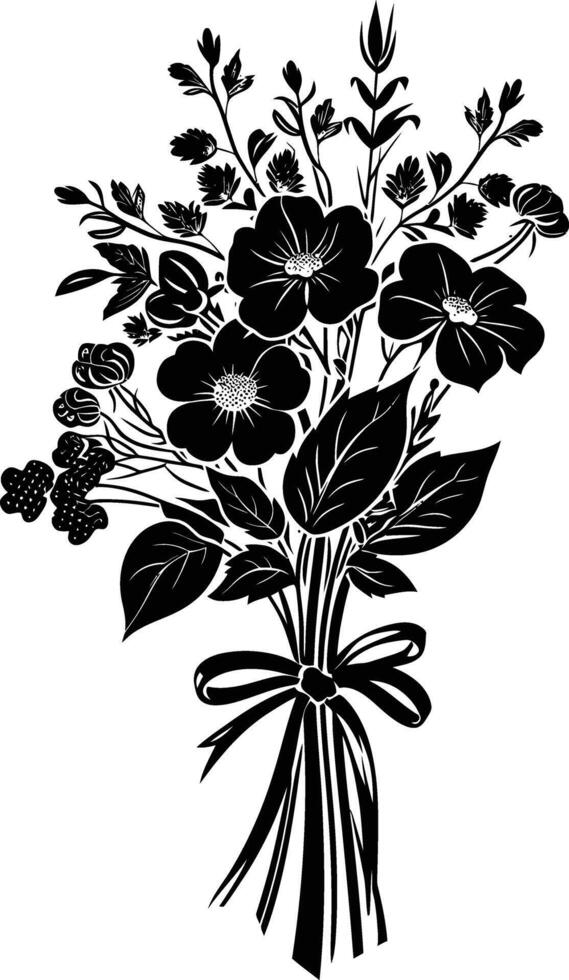 AI generated Silhouette spring flower bouquet tied with ribbon black color only vector