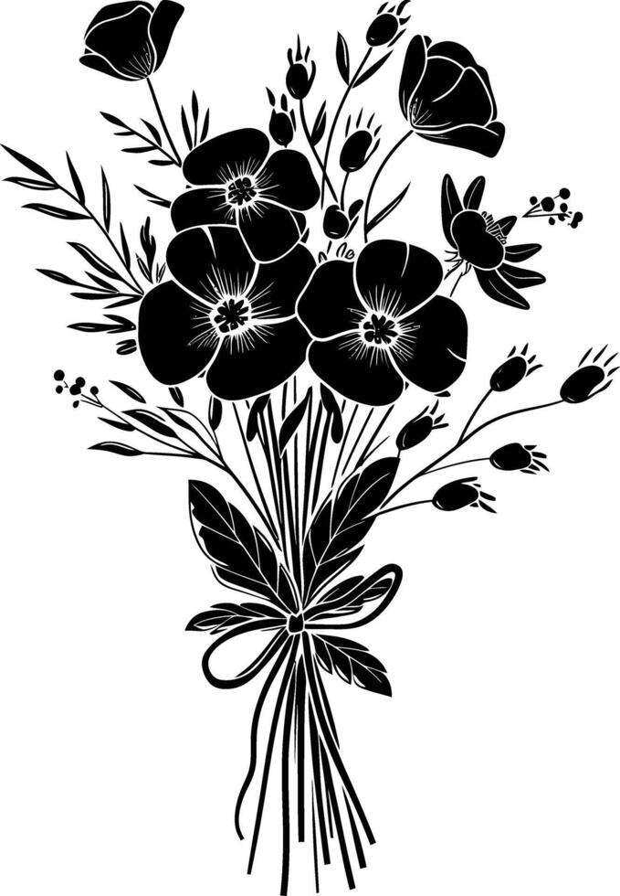 AI generated Silhouette spring flower bouquet tied with ribbon black color only vector