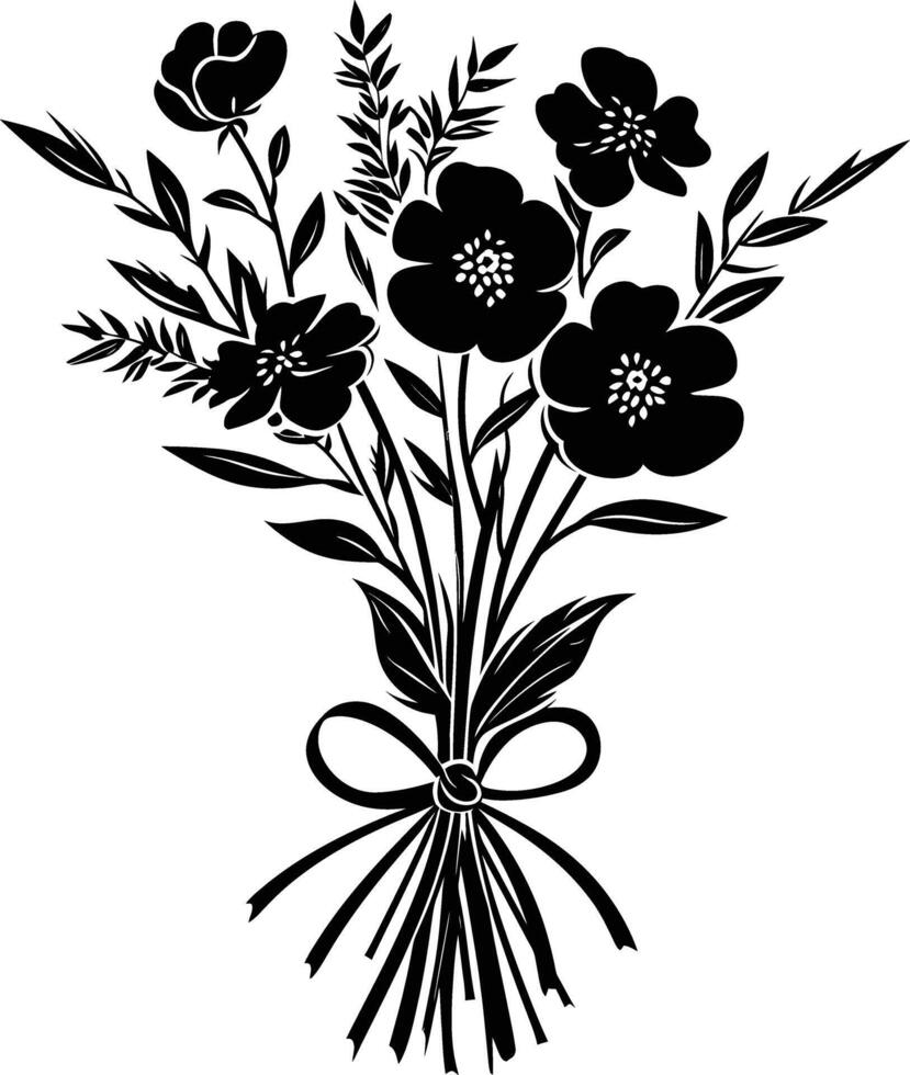 AI generated Silhouette spring flower bouquet tied with ribbon black color only vector