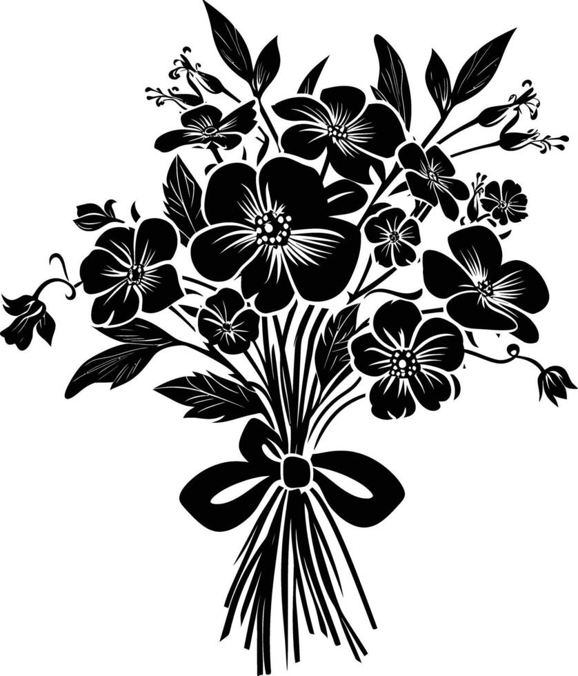 ai generado silueta primavera flor ramo de flores atado con cinta negro color solamente vector