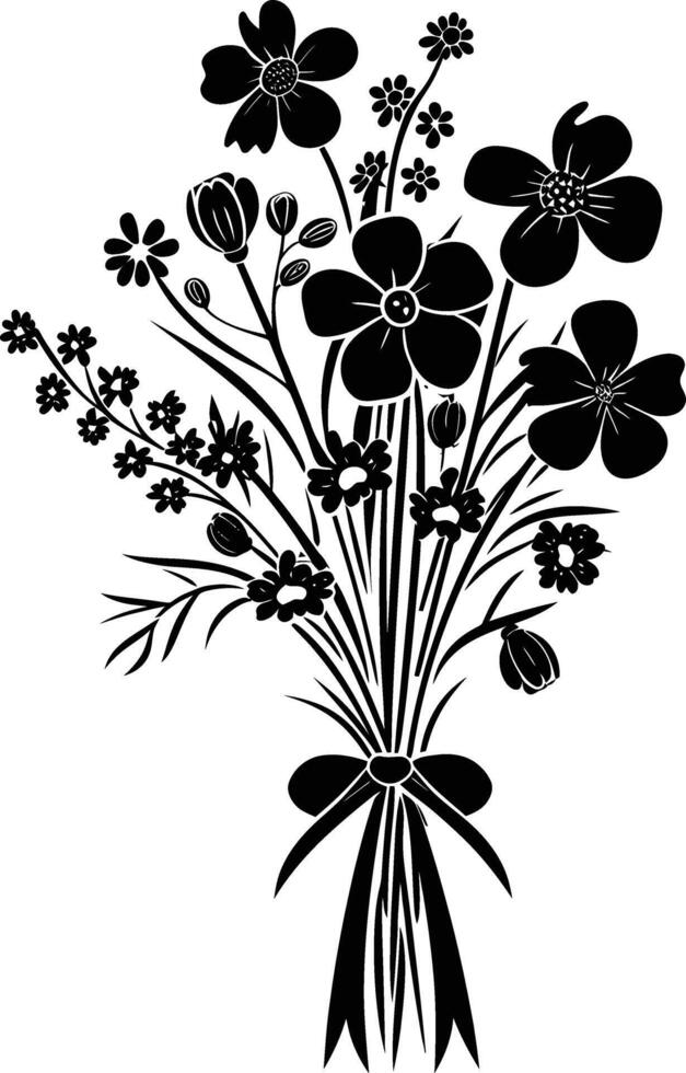 AI generated Silhouette spring flower bouquet tied with ribbon black color only vector