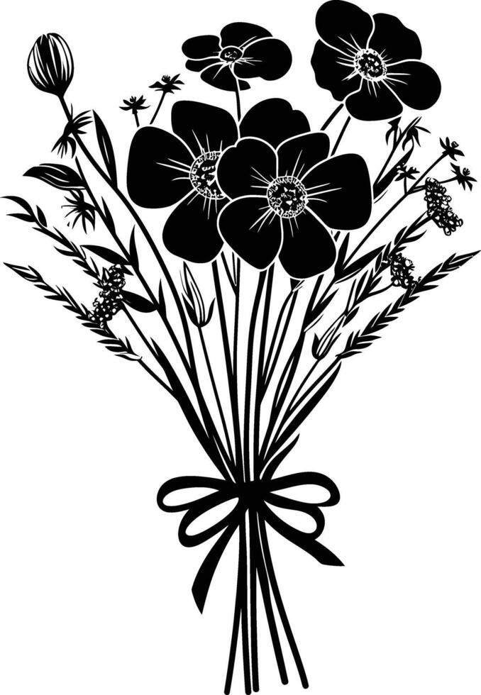 AI generated Silhouette spring flower bouquet tied with ribbon black color only vector