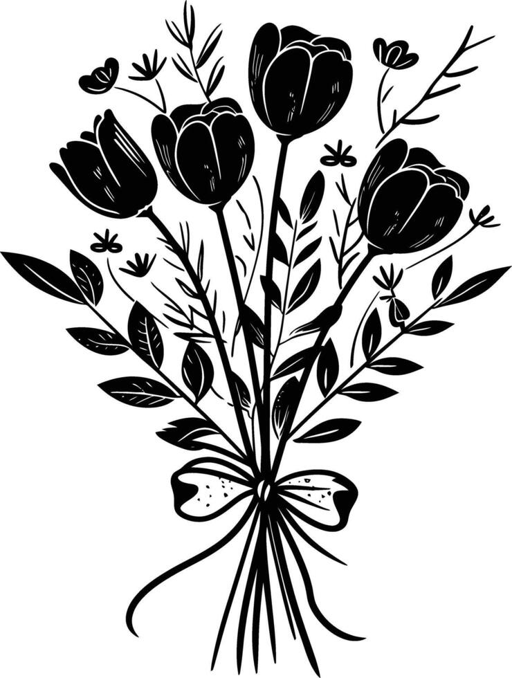 ai generado silueta primavera flor ramo de flores atado con cinta negro color solamente vector