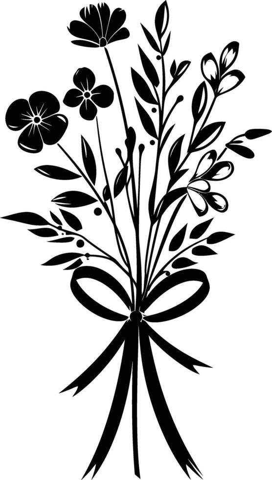 AI generated Silhouette spring flower bouquet tied with ribbon black color only vector