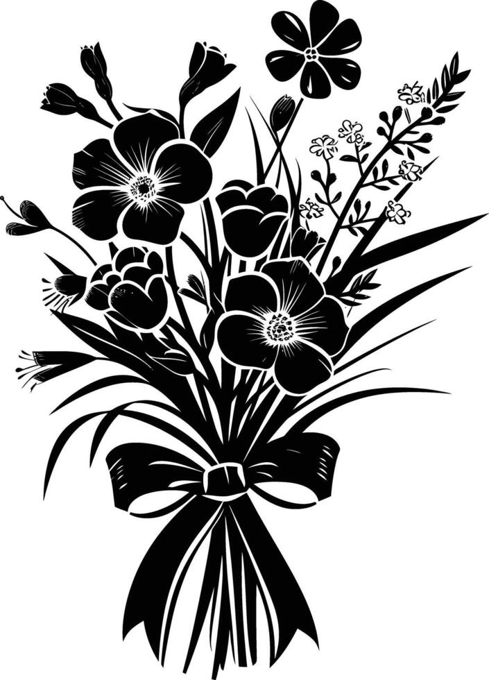 AI generated Silhouette spring flower bouquet tied with ribbon black color only vector