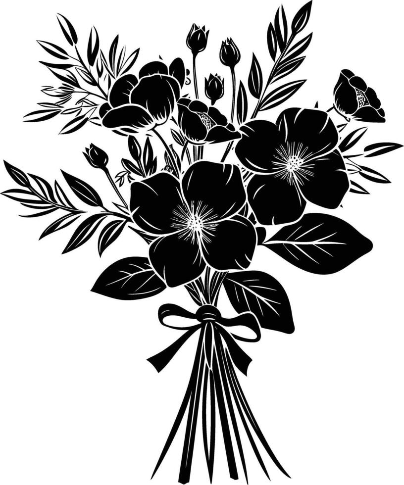 AI generated Silhouette spring flower bouquet tied with ribbon black color only vector