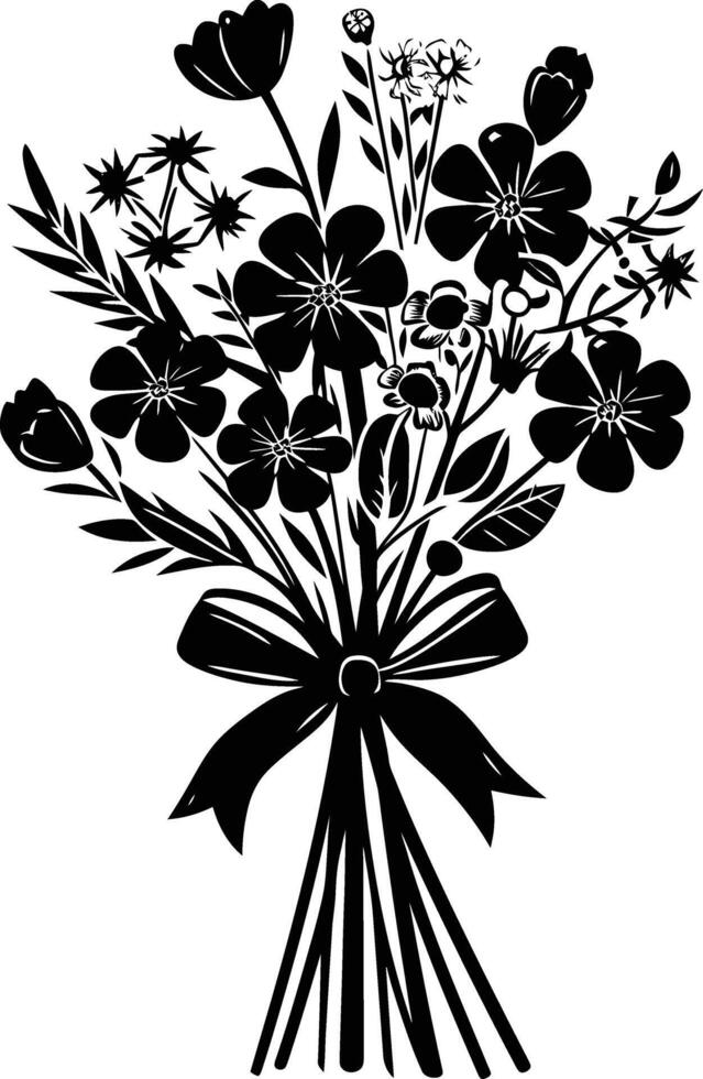 AI generated Silhouette spring flower bouquet tied with ribbon black color only vector