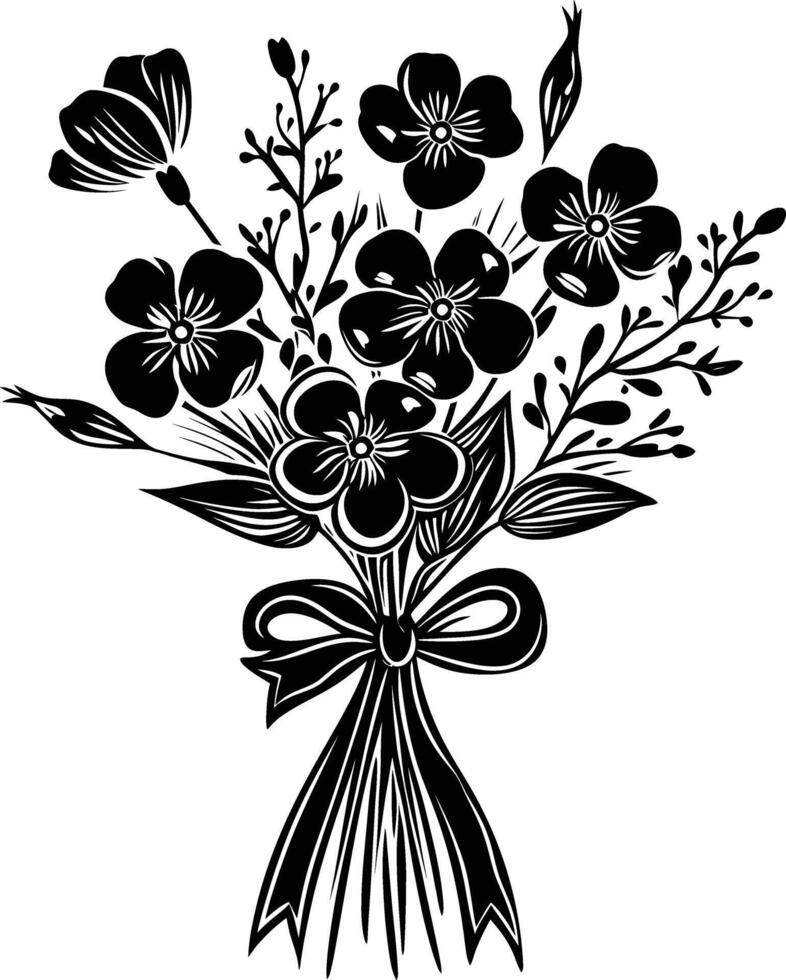 AI generated Silhouette spring flower bouquet tied with ribbon black color only vector