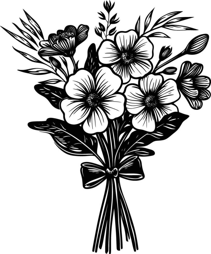 AI generated Silhouette spring flower bouquet tied with ribbon black color only vector