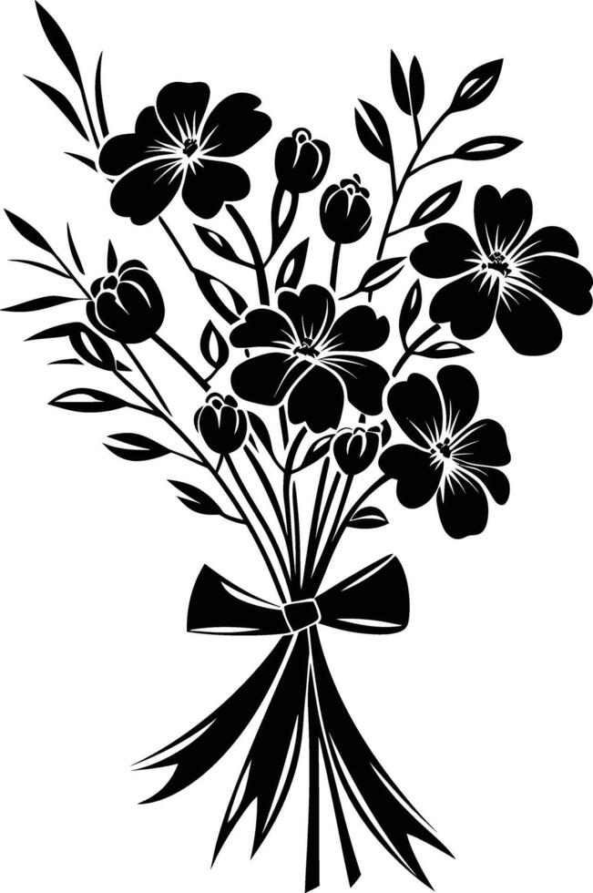 AI generated Silhouette spring flower bouquet tied with ribbon black color only vector