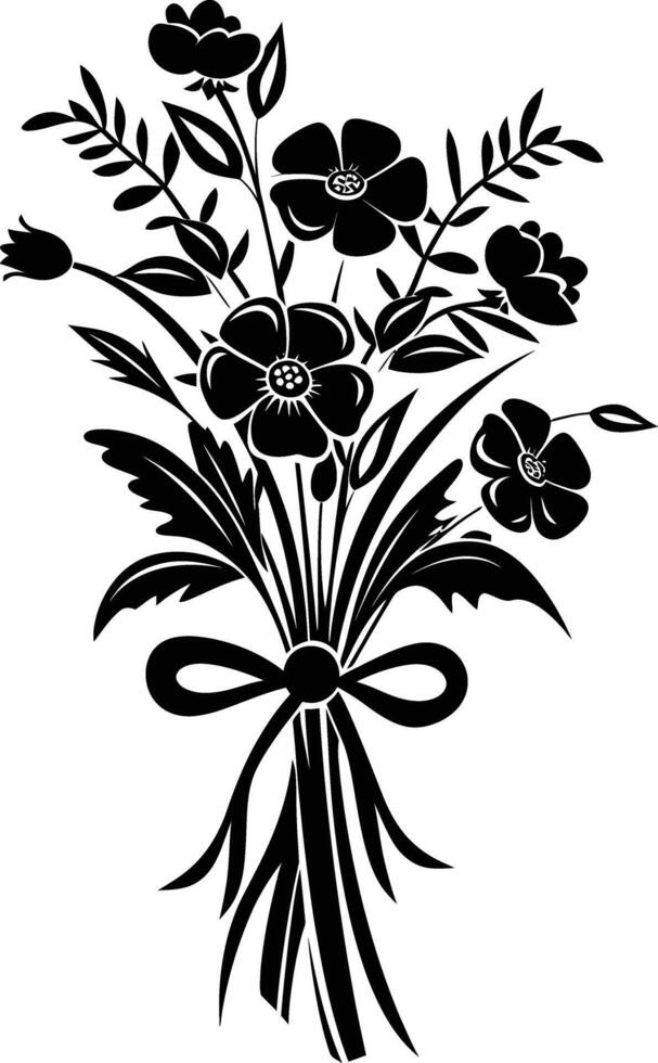 AI generated Silhouette spring flower bouquet tied with ribbon black color only vector