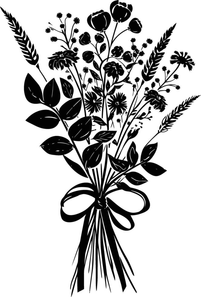 ai generado silueta primavera flor ramo de flores atado con cinta negro color solamente vector