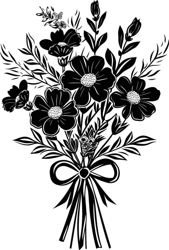 ai generado silueta primavera flor ramo de flores atado con cinta negro color solamente vector