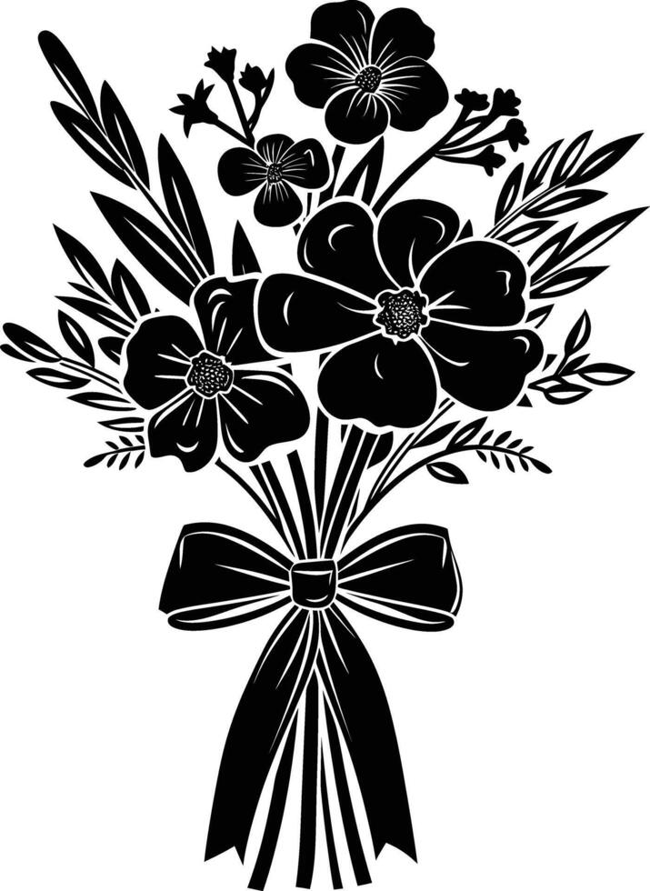 AI generated Silhouette spring flower bouquet tied with ribbon black color only vector