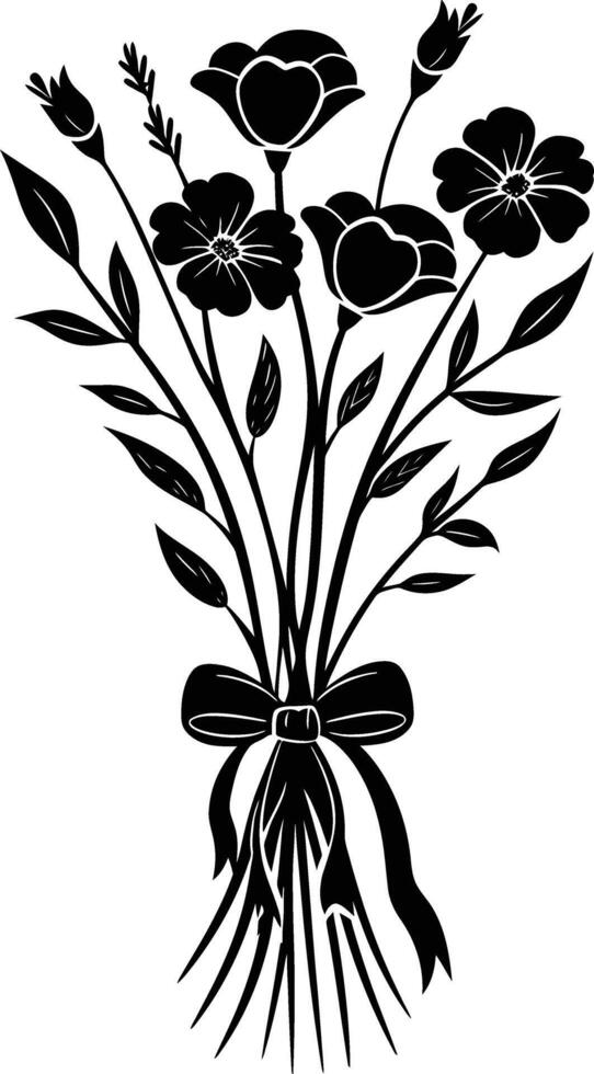 AI generated Silhouette spring flower bouquet tied with ribbon black color only vector