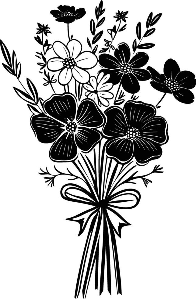 AI generated Silhouette spring flower bouquet tied with ribbon black color only vector