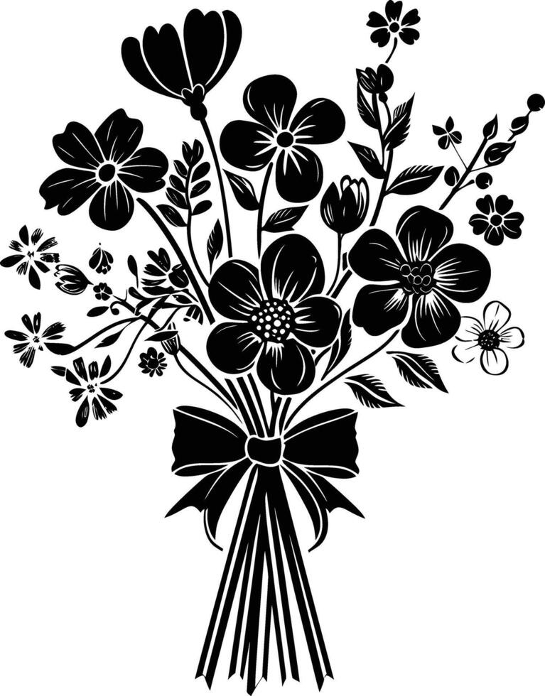 AI generated Silhouette spring flower bouquet tied with ribbon black color only vector