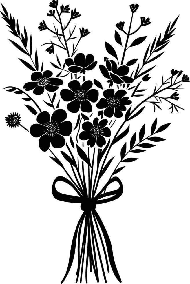 AI generated Silhouette spring flower bouquet tied with ribbon black color only vector