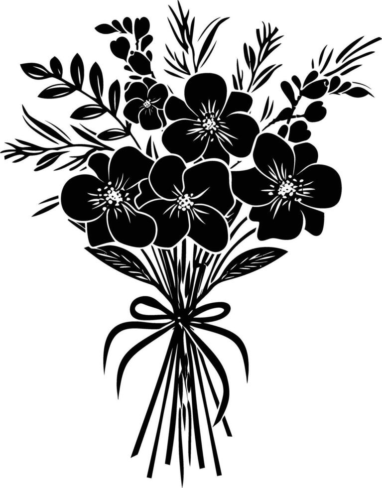 AI generated Silhouette spring flower bouquet tied with ribbon black color only vector