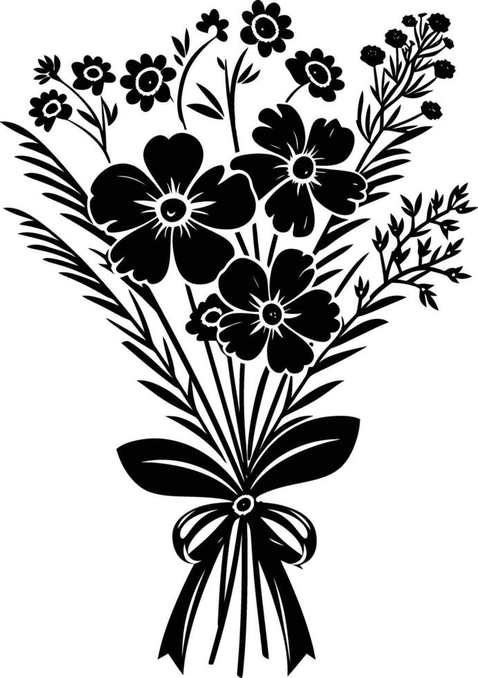 AI generated Silhouette spring flower bouquet tied with ribbon black color only vector