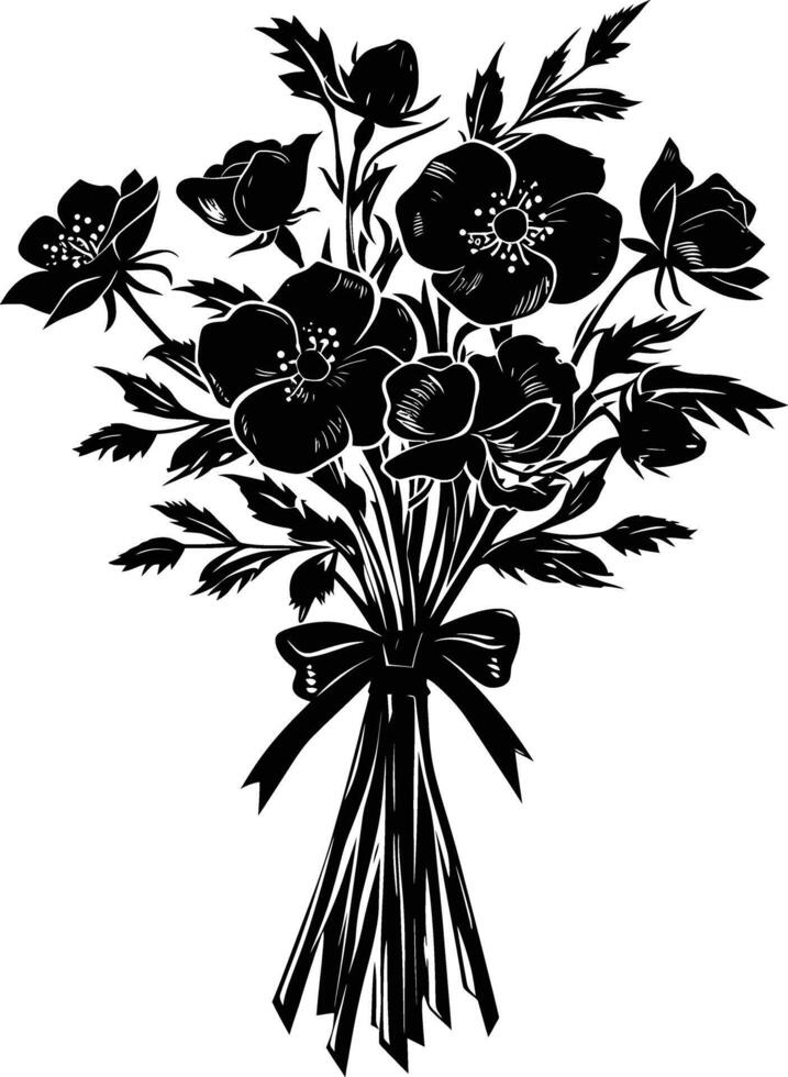 AI generated Silhouette spring flower bouquet tied with ribbon black color only vector