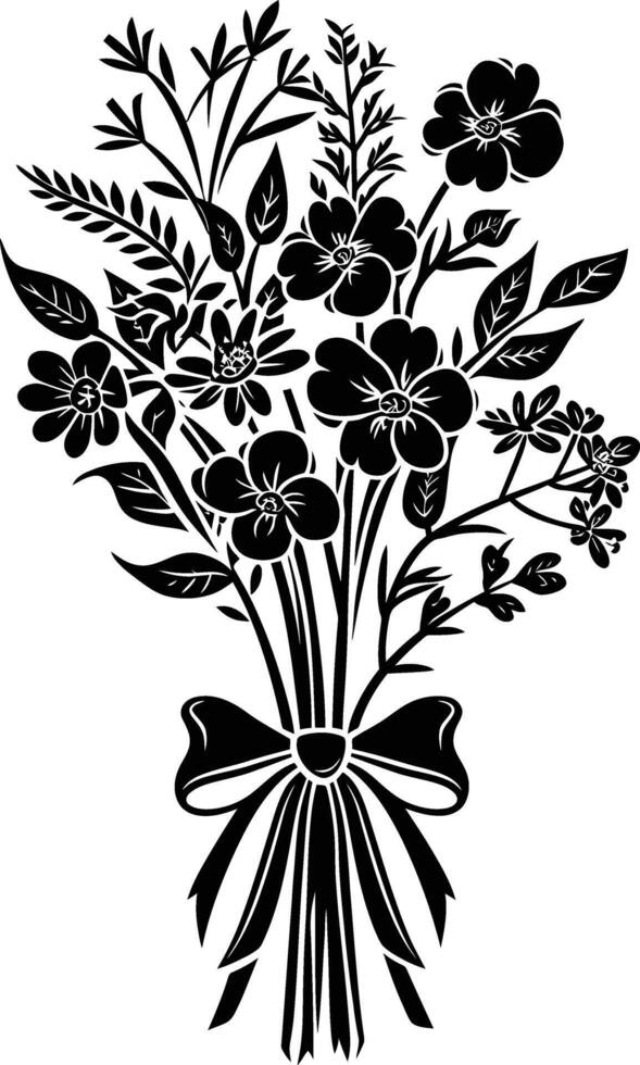 ai generado silueta primavera flor ramo de flores atado con cinta negro color solamente vector