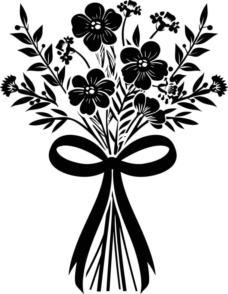 ai generado silueta primavera flor ramo de flores atado con cinta negro color solamente vector