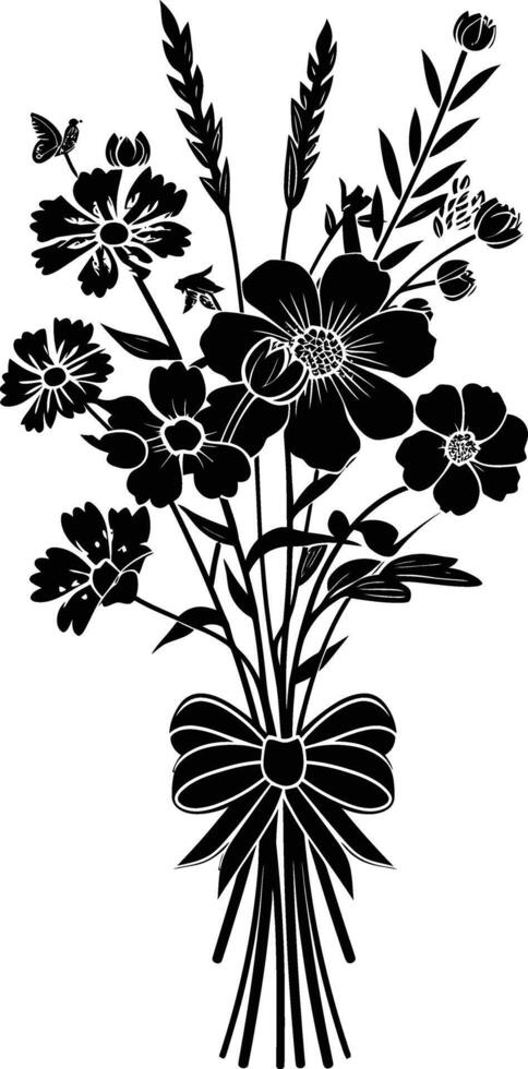 AI generated Silhouette spring flower bouquet tied with ribbon black color only vector