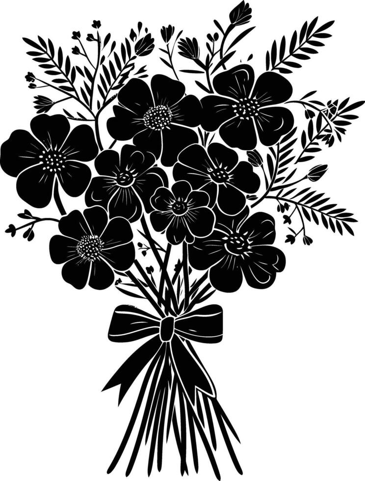 ai generado silueta primavera flor ramo de flores atado con cinta negro color solamente vector