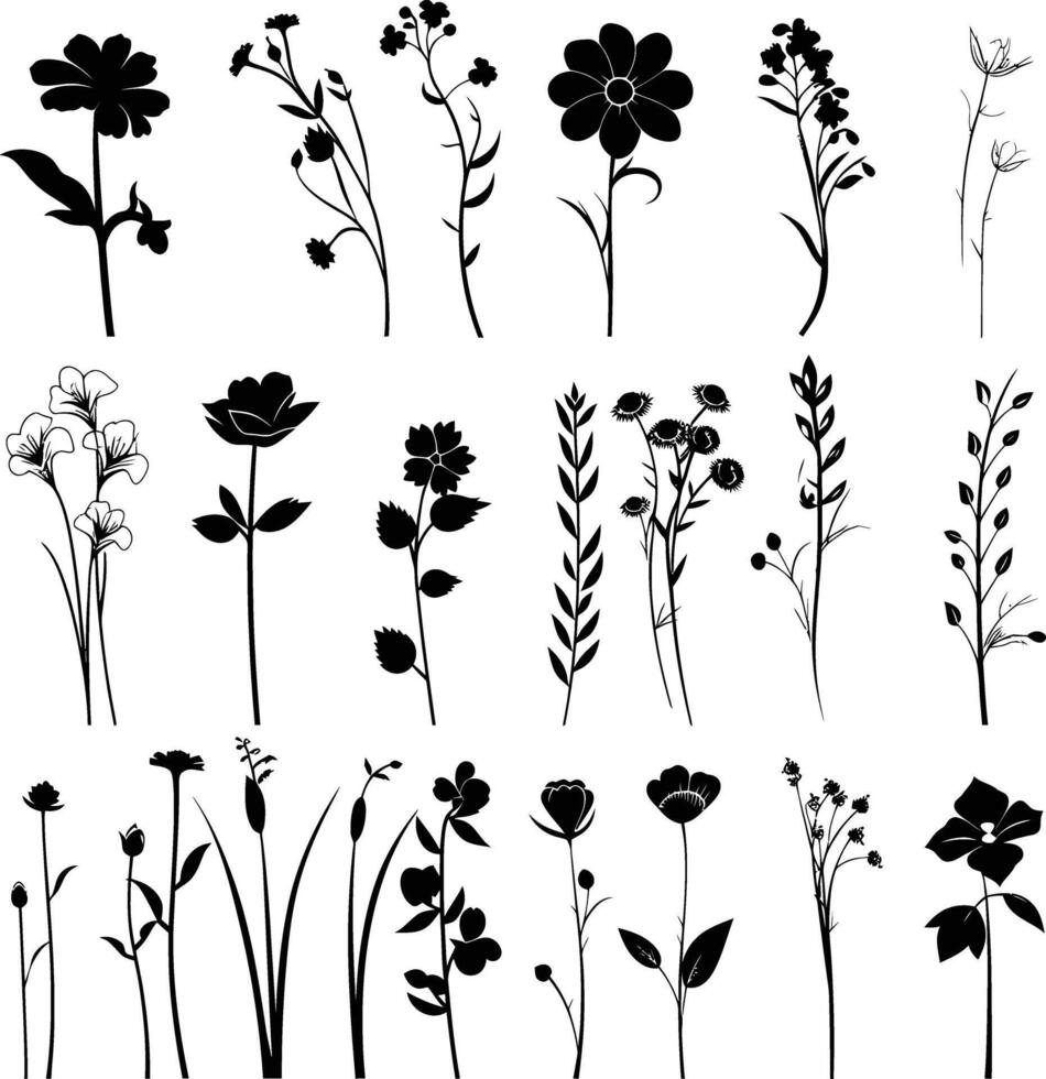 AI generated Silhouette spring flower collection black color only vector