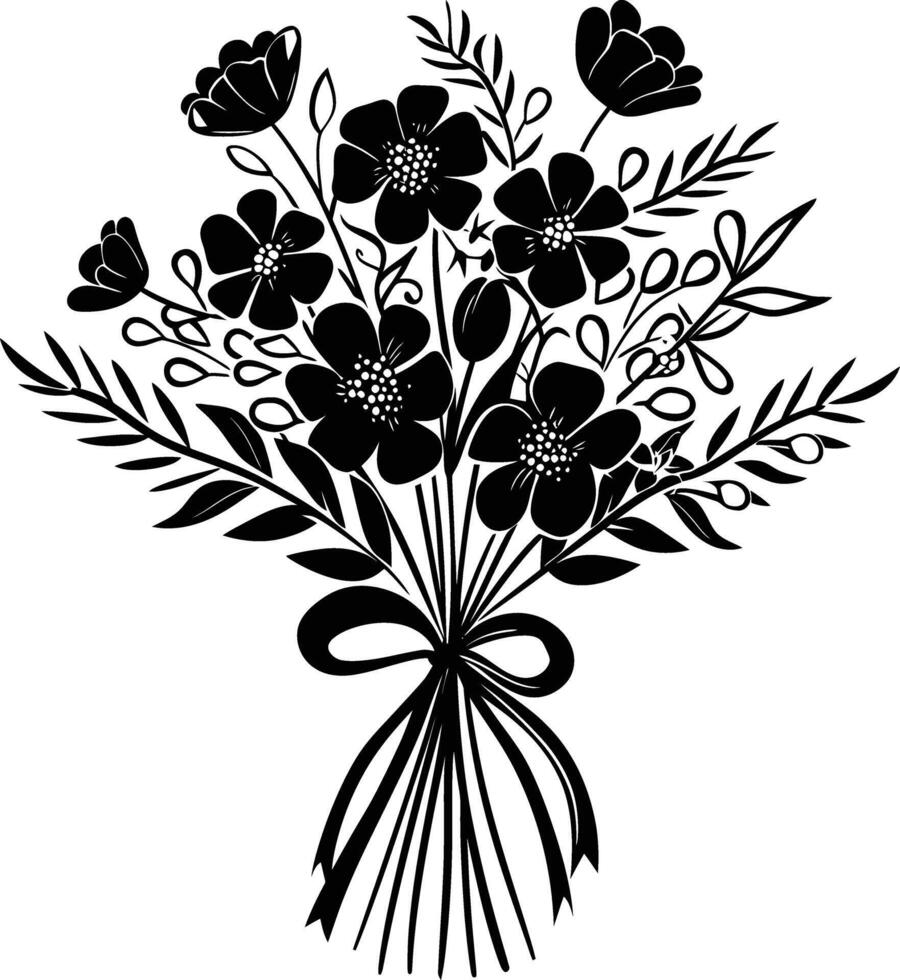 AI generated Silhouette spring flower bouquet tied with ribbon black color only vector