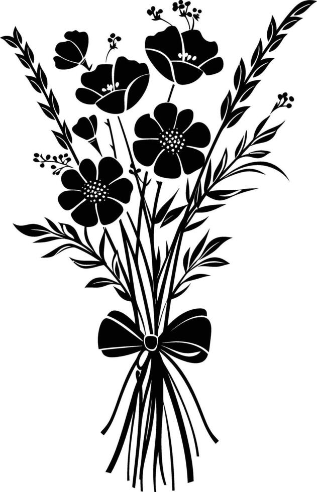 AI generated Silhouette spring flower bouquet tied with ribbon black color only vector