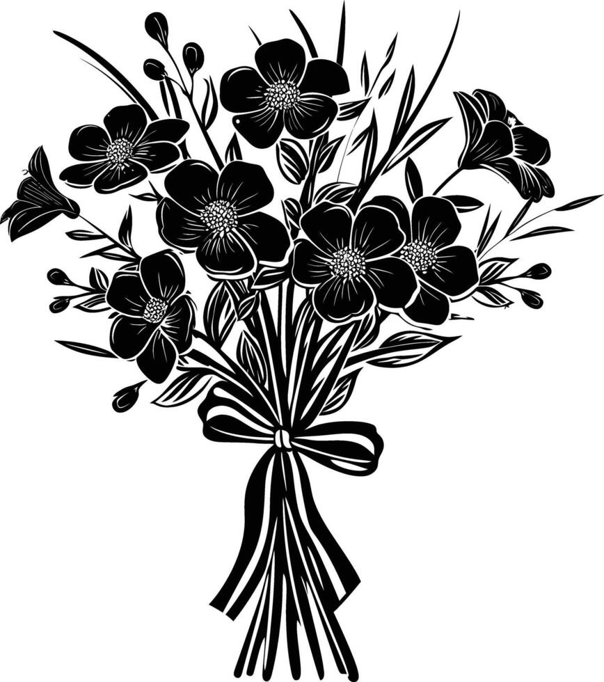 ai generado silueta primavera flor ramo de flores atado con cinta negro color solamente vector