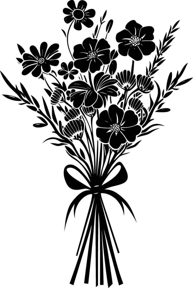 AI generated Silhouette spring flower bouquet tied with ribbon black color only vector