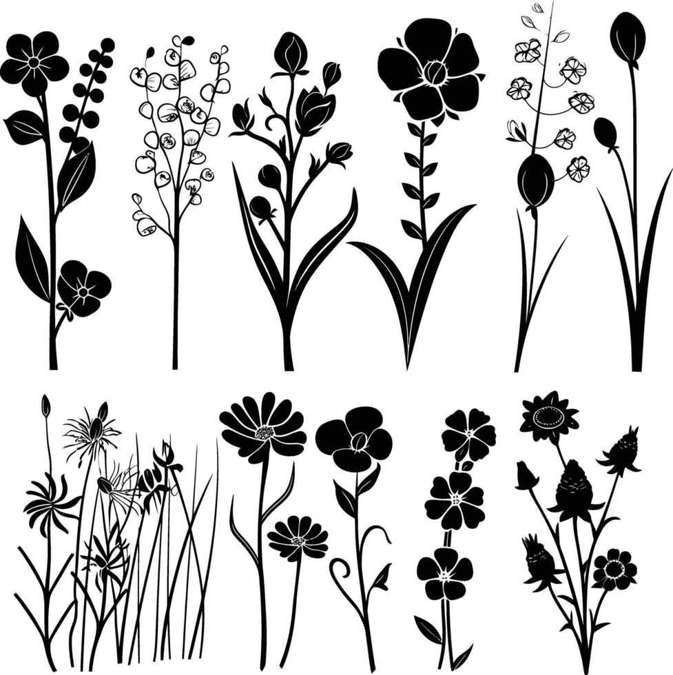 AI generated Silhouette spring flower collection black color only vector